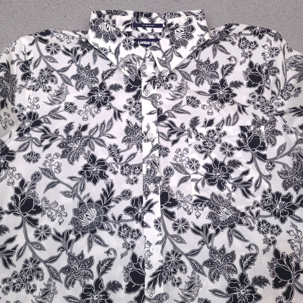Lands End Women 18T White Black Floral Supima No Iron 3/4 Sleeve Button Shirt